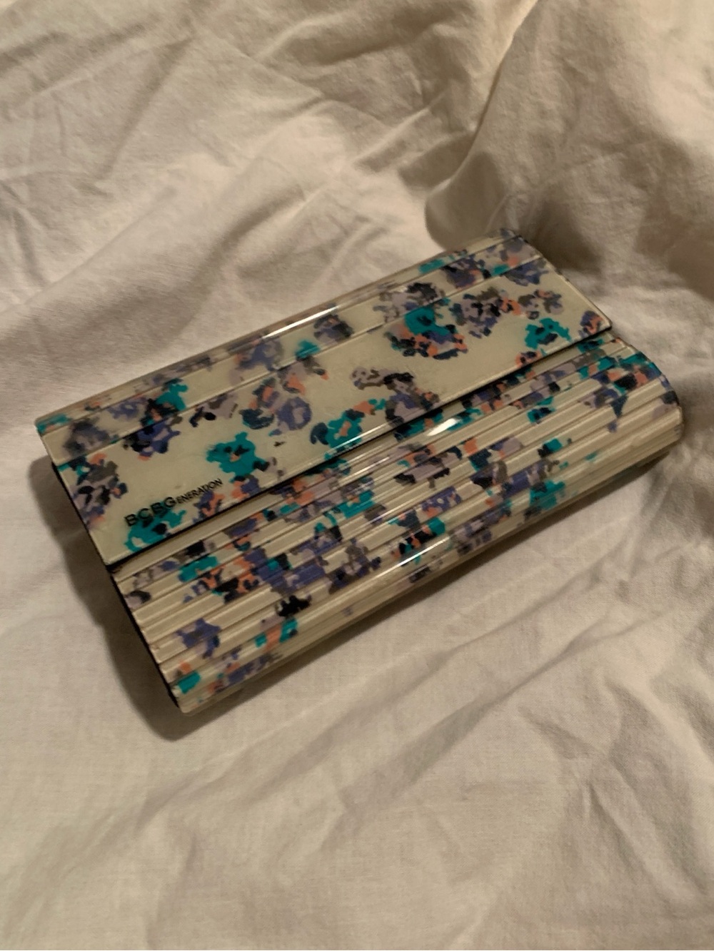 BCBGeneration Acrylic Clutch Purse Bag in Abstract Atlantis